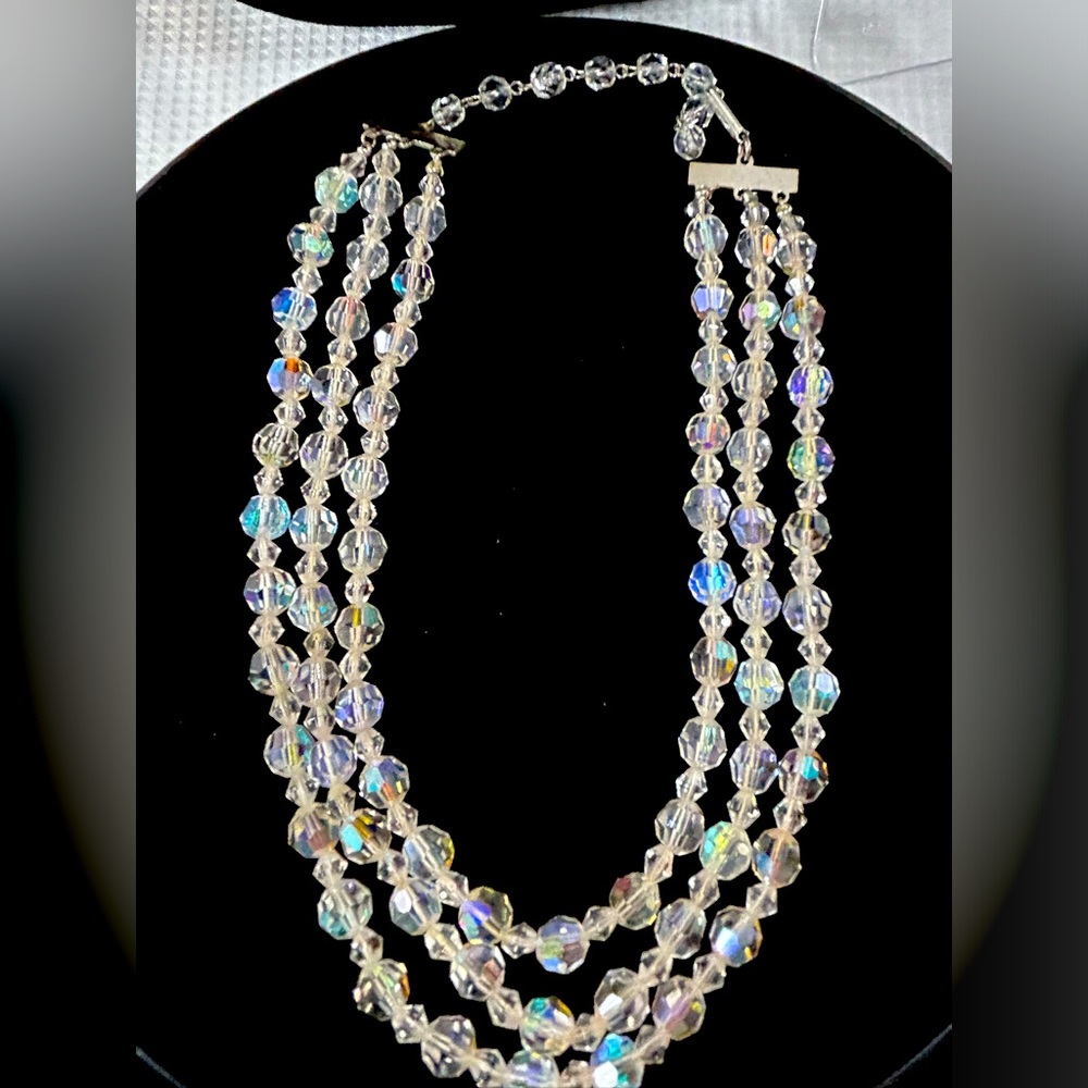 Vintage, aurora borealis crystals, choker necklace, three strands